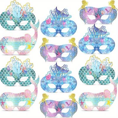 TEMU 12pcs Mermaid Party Masks - Ocean Theme Cosplay Eye Masks For Birthday & Events, Paper Craft