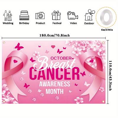 TEMU 1pc, Breast Cancer Awareness Month Background Banner, Polyester, Ribbon Strength Courage Banner Photography Backdrop, Party Decoration Photo Booth Studio Prop