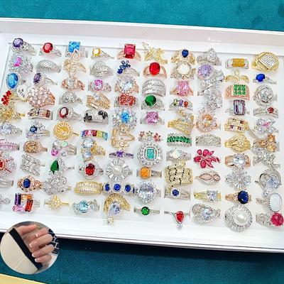 TEMU 10pcs Vintage Stacking Rings + 24pcs Nail Tips -fashion With Glamorous Shining Zirconia -mix-and-match Adjustableblind Bag, Uncertain Styles For A Unique Party Accessory Experience