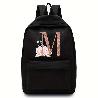 TEMU Rose Golden Letter Print Backpack, Casual Daily Commuter Travel Storage Rucksack, Lightweight School Bag, Laptop Outdoor Sports Hiking Schoolbag