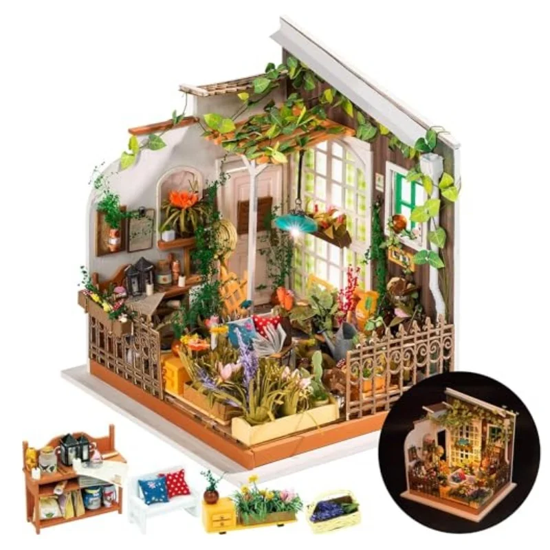 Robotime Set di puzzle 3D fai-da-te Casa delle bambole in miniatura fai-da-te Kit di costruzione di modelli da giardino di Miller Decorazioni per la casa Regali per donne adulte