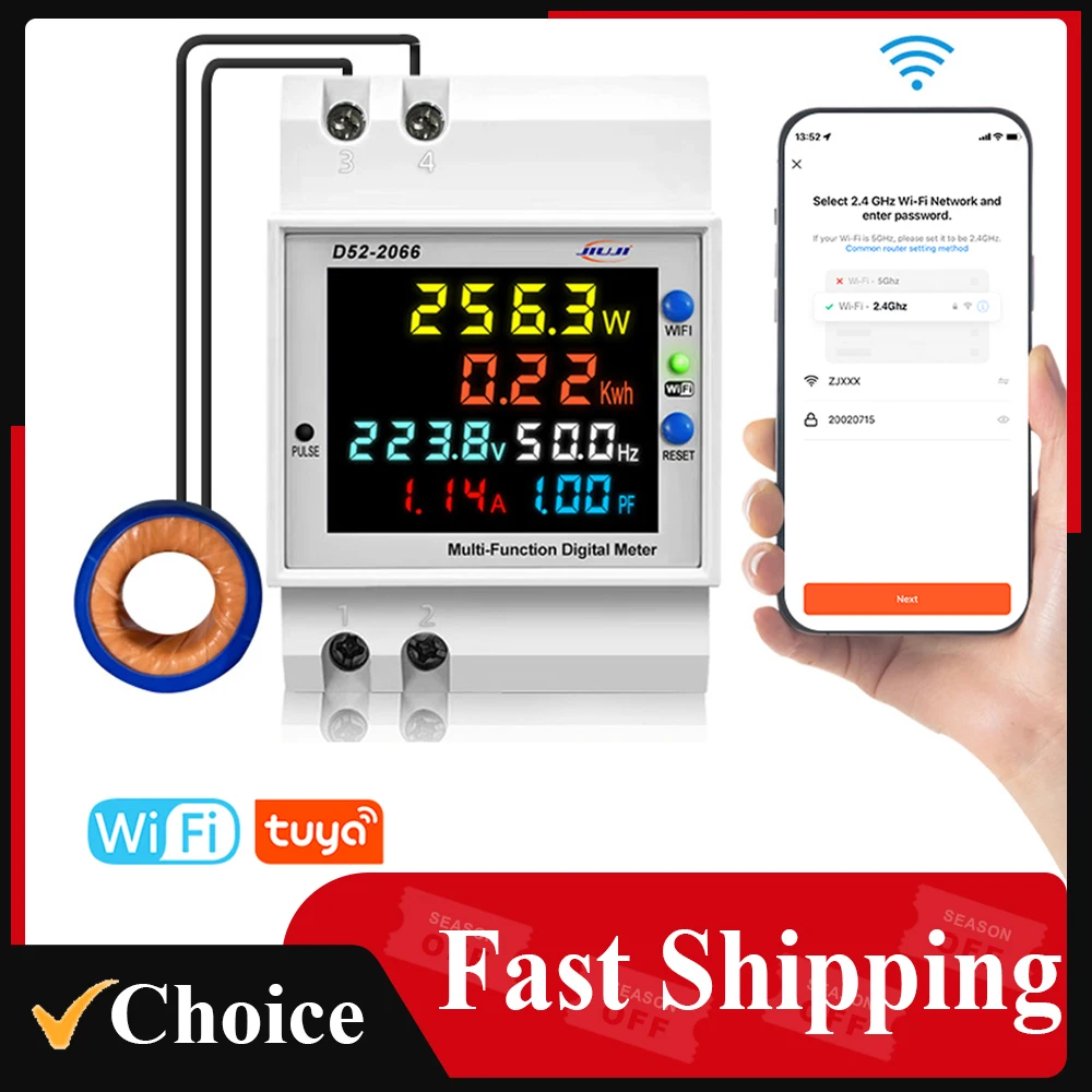 D52-2066 6 in1 din rail ac monitor spannung strom leistungs faktor aktiv kwh elektrischer frequenz meter volt amp Image