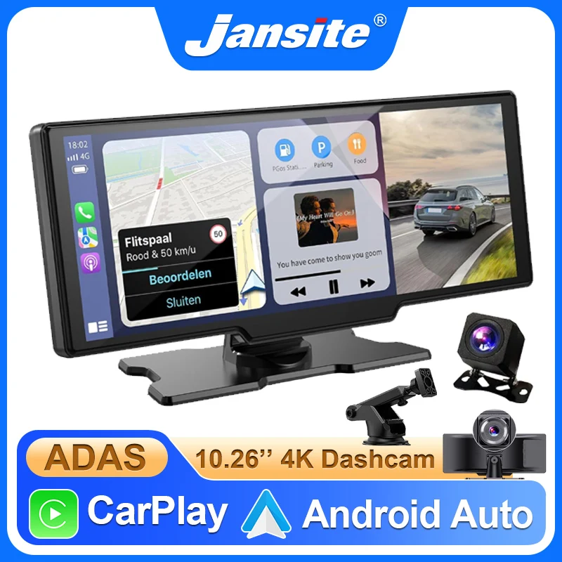 10.26 ''Wireless Carplay & Android Auto Dash Cam Adas 4k DVR Bluetooth Audio GPS Navigation Dashboard Dual Lens Video recorder Image