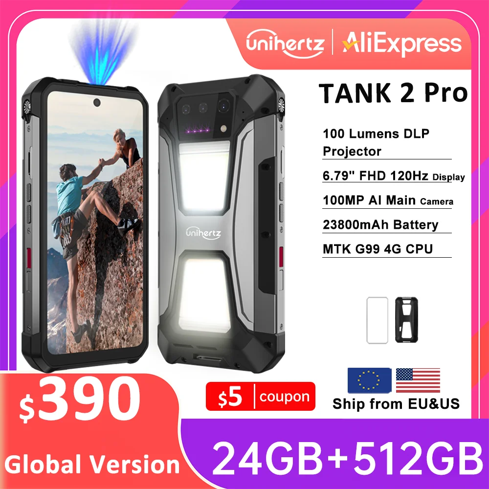 Unihertz 8849 Tank 2 PRO Rugged Smartphone with Projector Android 14 24GB 512GB Mobile Phone 23800mAh 120W Phone 6.79
