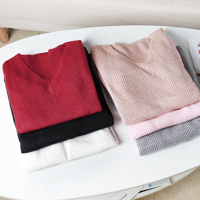 2025 NEUE Herbst Winter Pullover Frauen Chic V-ausschnitt Dünne Strickjacke weibliche Gestrickte Pullover langarm tops warme grundlegende schwarz Image