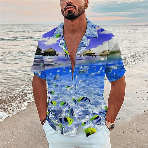 Herren Graphic Landschaft Seelandschaftsmuster Hemd Sommerhemd Hawaiihemd Sommerhemd Kurzarm Hemd Umlegekragen Modisch Hawaiianisch Designer Outdoor Strasse Casual Schwarz Gelb Marineblau Print S M L Image