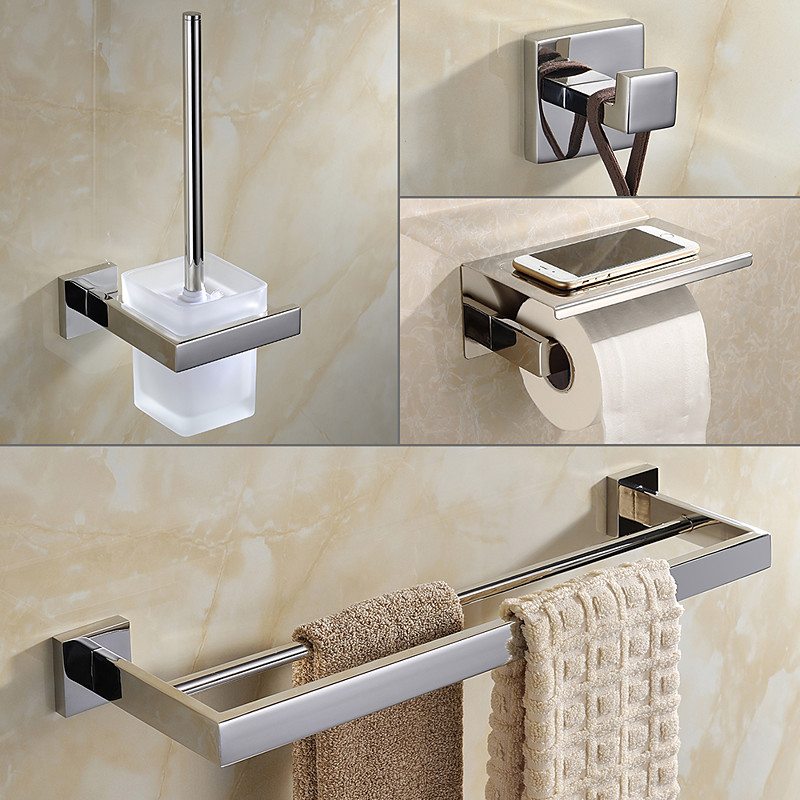 Bathroom Accessory Set 4 Piece Stainless Steel,Wall Mounted Towel Bar,Toilet Paper Holder,Toilet Brush Holder and Robe Hook,Bathroom Hardware Set(Black/Golden/Chrome/Brushed Nickel)