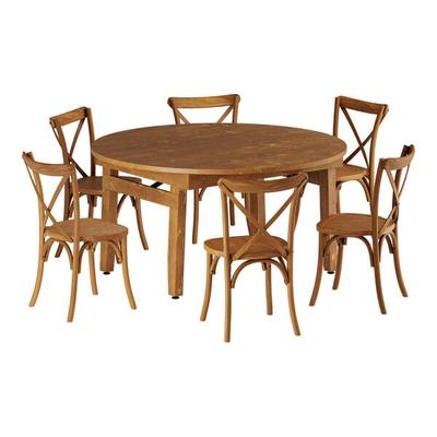 Lancaster Table & Seating Vineyard 5' Round Barrel Brown Wood Folding Table Set with 6 Cross Back Chairs