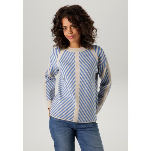 Strickpullover ANISTON CASUAL Gr. 40, blau (beige-blau) Damen Pullover im extravagantem Streifen-Dessin