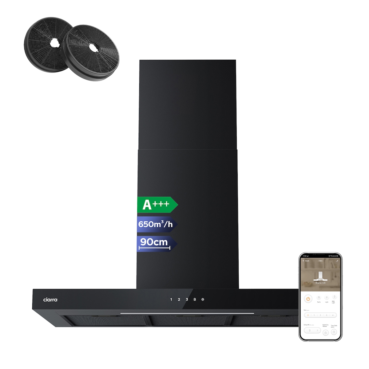 CIARRA A+++ 650 m³/h Dunstabzugshaube 90cm Wandhaube WIFI +APP & Touch Control Boost VMB9102P Image