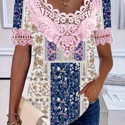 TEMU Plus Size Floral Print Lace Stitching T-shirt, Casual Short Sleeve Crew Neck Top For , Women's Plus Size Clothing