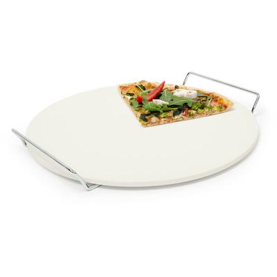 Relaxdays - Pizzastein mit Halter, runde Steinplatte für Pizza & Flammkuchen, Grillstein aus Image
