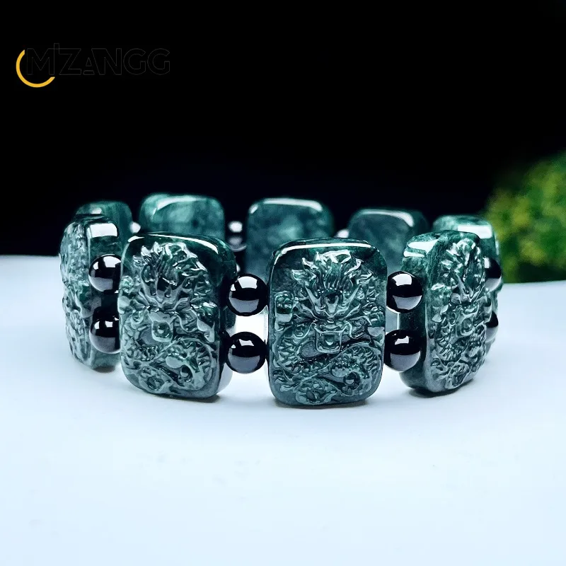 Hochwertige natürliche Jade Kowloon Protector Hand hand geschnitzte dunkelgrüne Jade Drachen leistungs starke Herren Armband Glück Amulett Image