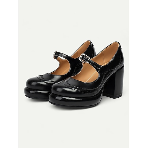 Damenpumps im Mary-Jane-Stil aus braunem Lackleder mit Blockabsatz und Brogue-Details – elegante Schuhe im Vintage-Stil fürs Büro und zum Abend Image