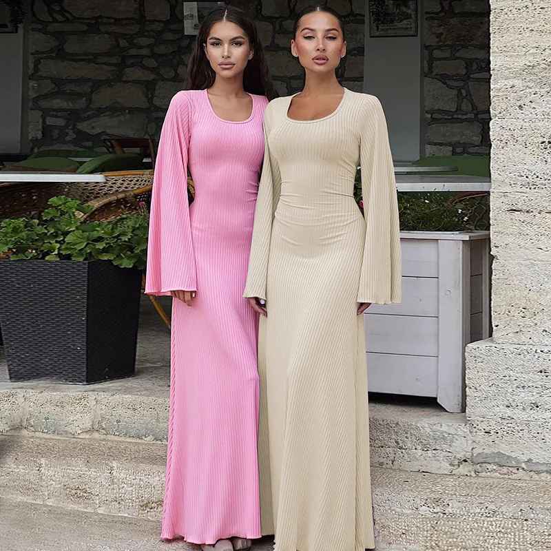 Abito lungo lungo a maniche lunghe a maniche lunghe abito estivo solido moda Casual da ufficio abiti da donna per le donne abiti Sexy con lacci sottili