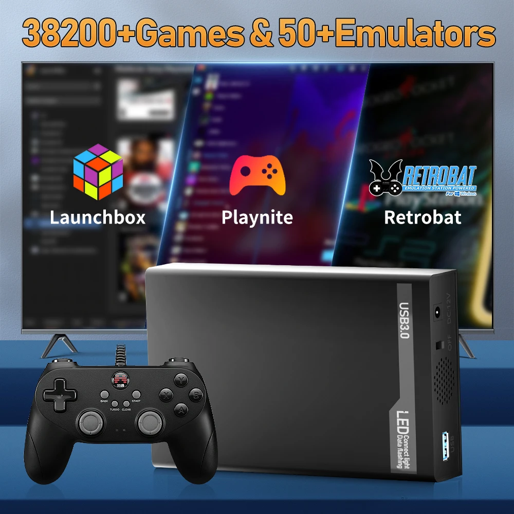 Console de jeu vidéo HDD rétro 500G, rétrobat, Playnite et Launchbox OS pour XBOX/PS3/PS2/Switch/Wii/WiiU/DC/NES avec plus de 38200 jeux