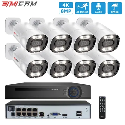 4K 8MP POE Security Camera System Kit 8CH NVR Metal Waterproof Color Night Vision Audio For Home