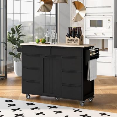 Black Kitchen Island on Wheels, Rubber Wood Top Kitchen Cart