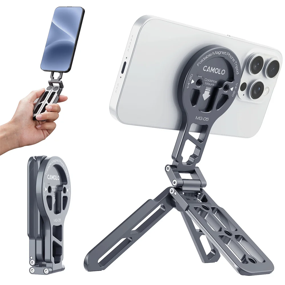 Treppiede magnetico pieghevole per selfie con piastra Arca 1/4-20 Supporto per treppiede per telefono da tavolo con pattino freddo per Magsafe Iphone 15 14 Samsung
