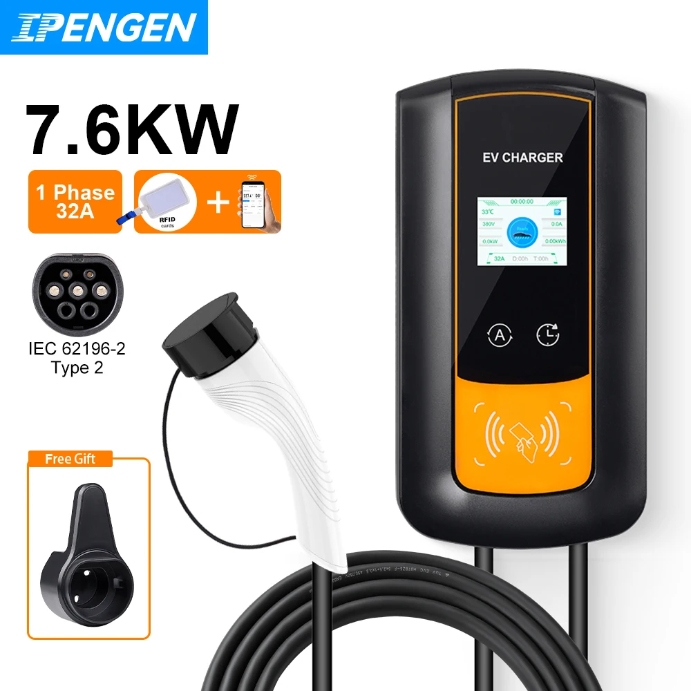 IPENGEN EV-Ladestation 32 A Elektrofahrzeug-Autoladegerät EVSE Wallbox Wandmontage 7,6/11/22 kW Typ2-Kabel IEC62196 APP-Steuerung Image