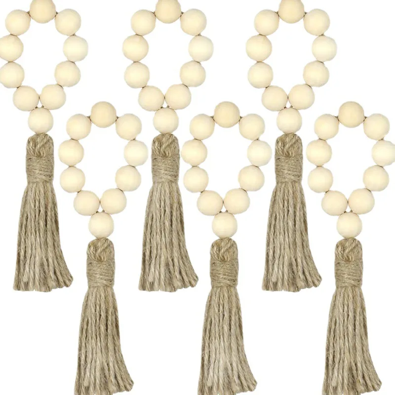 6-teilige prägnante Serviettenringe aus Holzperlen mit Juteseil für Weihnachten, Bauernhaus, Hochzeit, Zuhause, Esstisch, Party, Ostdekoration Image