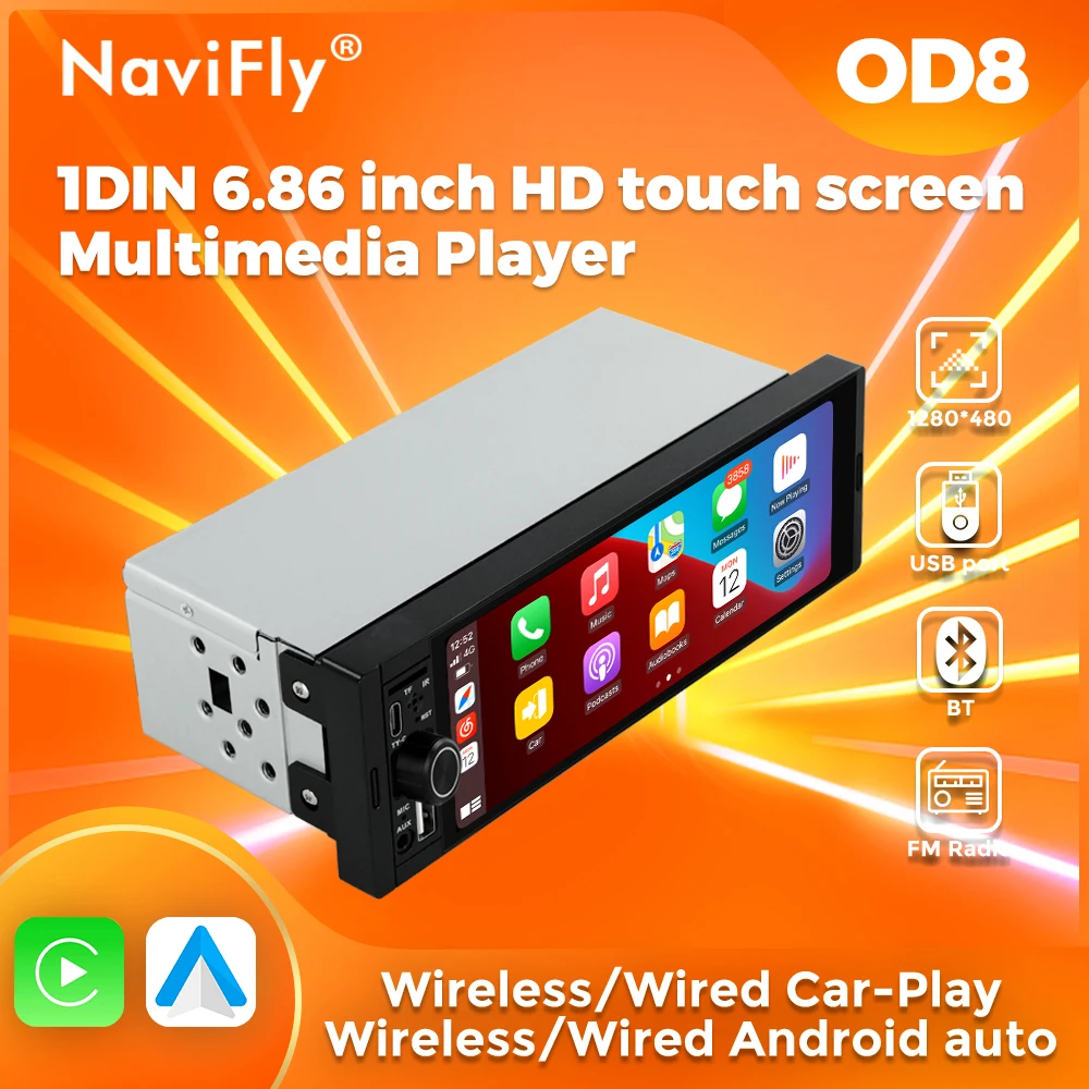 Navifly 6.86 "drahtlose Carplay Android Auto Universal 1 Din Autoradio Multimedia Video MP5-Player FM Stereo-Empfänger Kamera BT Image