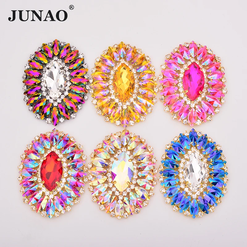 JUNAO 54*70mm 1 stücke Nähen Auf Bunte Glas Strass Applique Große Blume Kristall Strass Steine Für Kleid schuhe Schmuck Handwerk