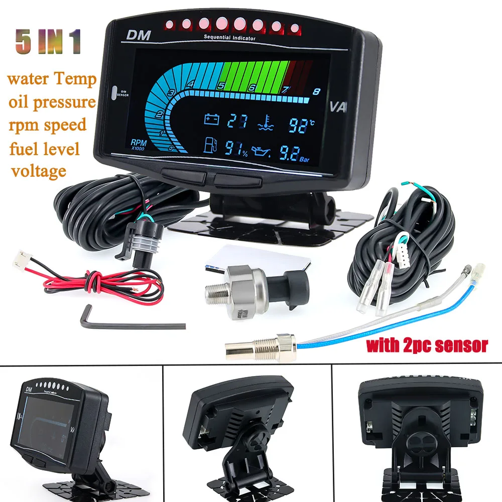 Verbesserte Version Auto-LKW-LCD-Messgerät 5 IN 1 Wassertemperaturanzeige + VOLT-Voltmeter + Kraftstoffstand + Öldruck + Drehzahlmesser 12 V 24 V Image