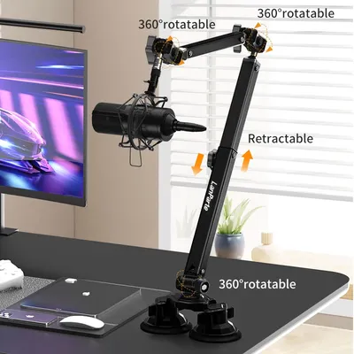 Mic Boom Arm Desk Mount, microphone stand Arm Profile 360°Swivel , Adjustable Mic Arm with Detachable Rise Column for Streaming