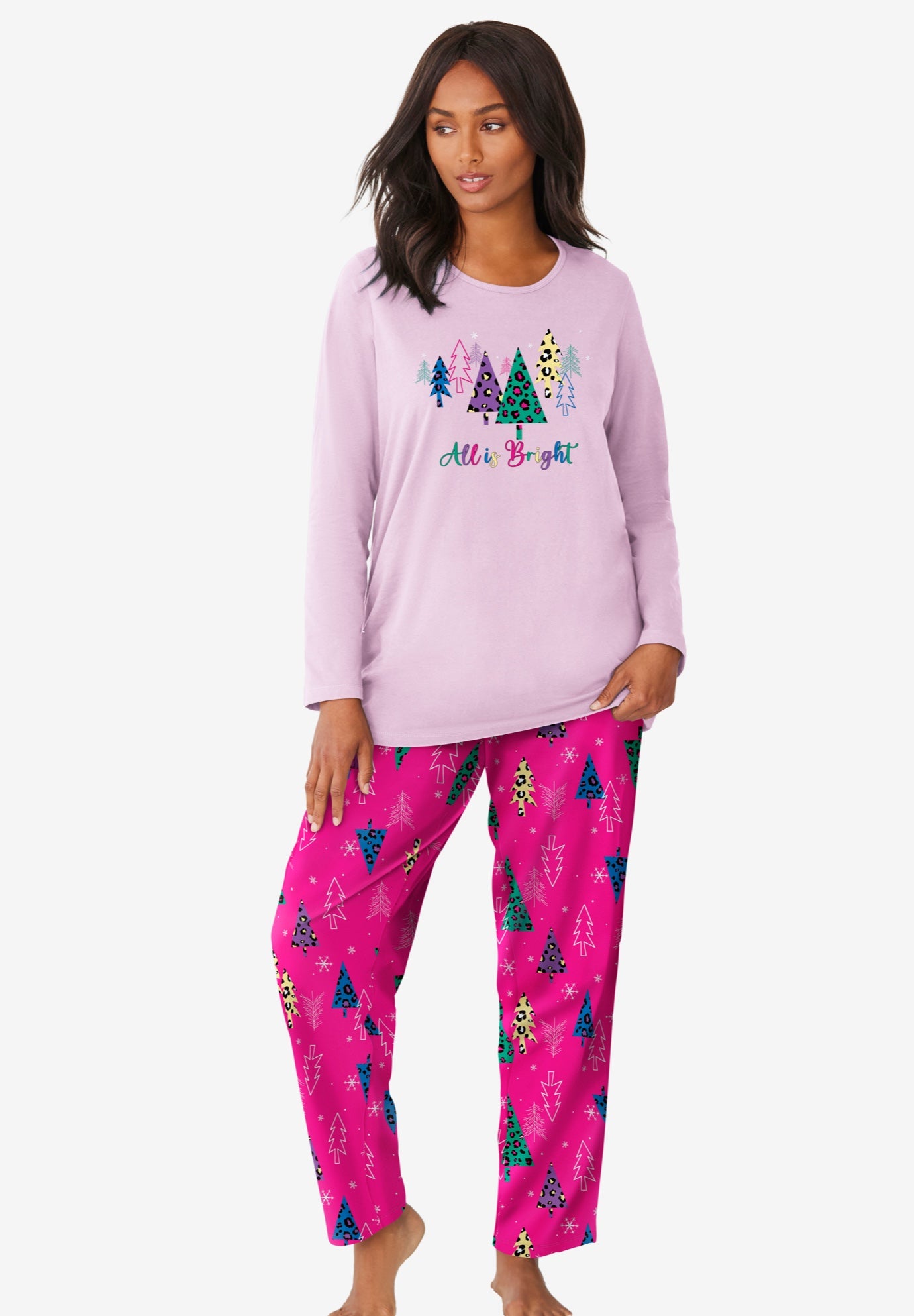 Plus Size Women's Long Sleeve Knit PJ Set by Dreams & Co. in Raspberry Sorbet Animal Tree (Size 14/16) Pajamas