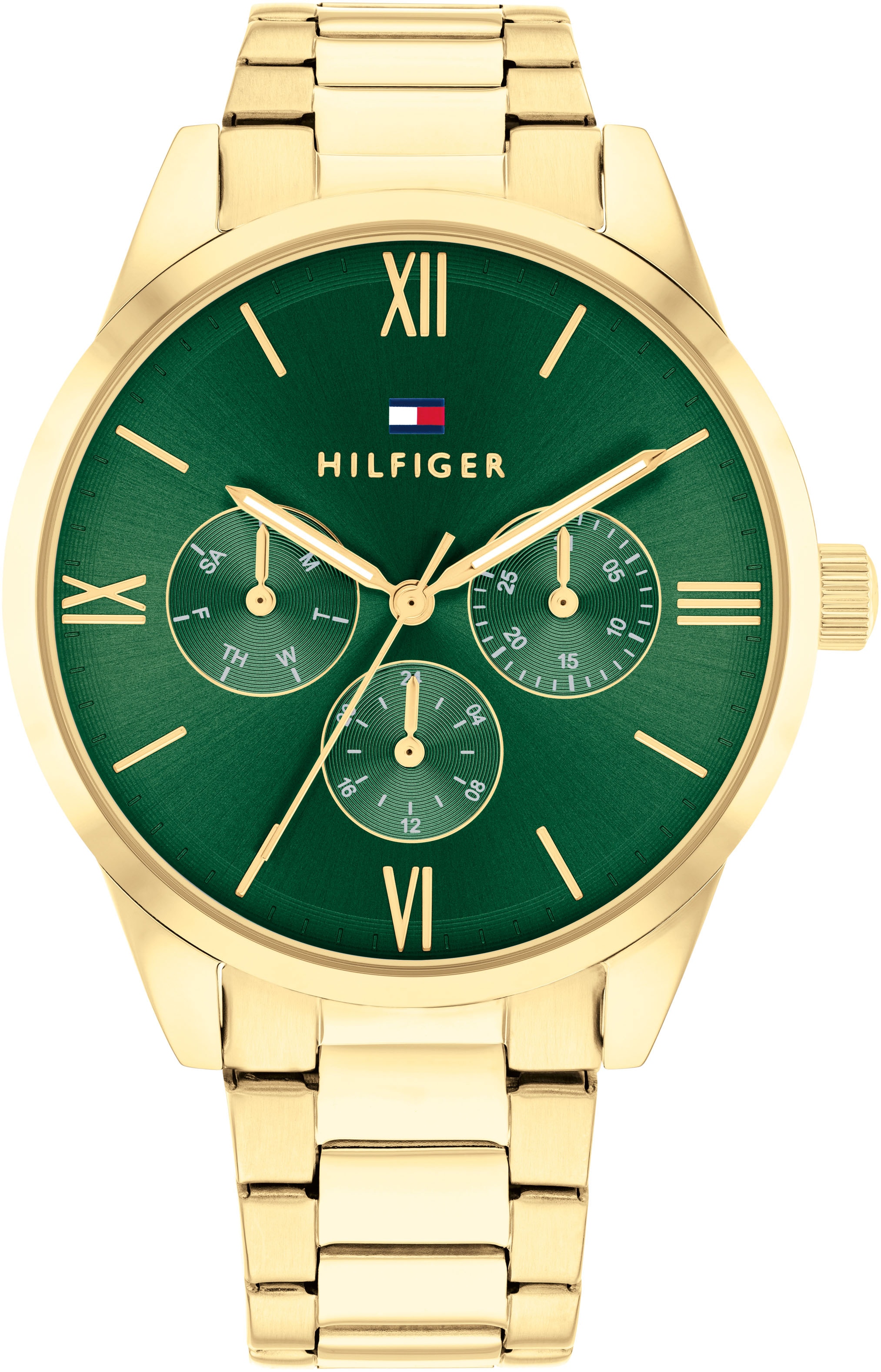 Multifunktionsuhr TOMMY HILFIGER "CAMILLE", gold (goldfarben, dunkelgrün), Armbanduhren, Damen, Quarzuhr, Armbanduhr, Damenuhr, Edelstahlarmband, Datum