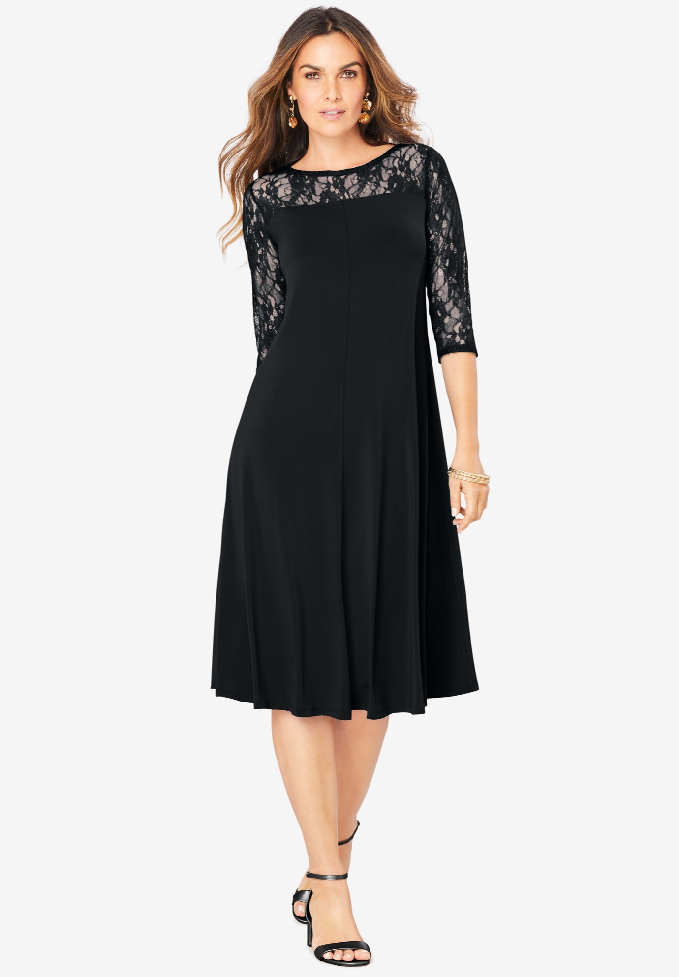 Plus Size Women's Plus Size 3/4 Sleeve Allover Lace Swing Dress by Roaman's in Black (Size 18/20)