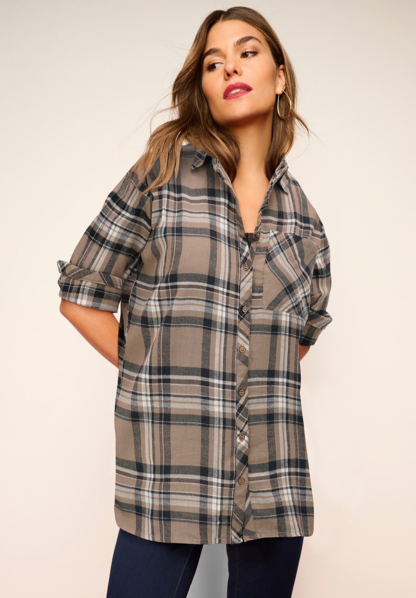Plus Size Women's Plaid Flannel Tunic by Roaman's in Brown Sugar Plaid (Size 38 W) Plaid Shirt