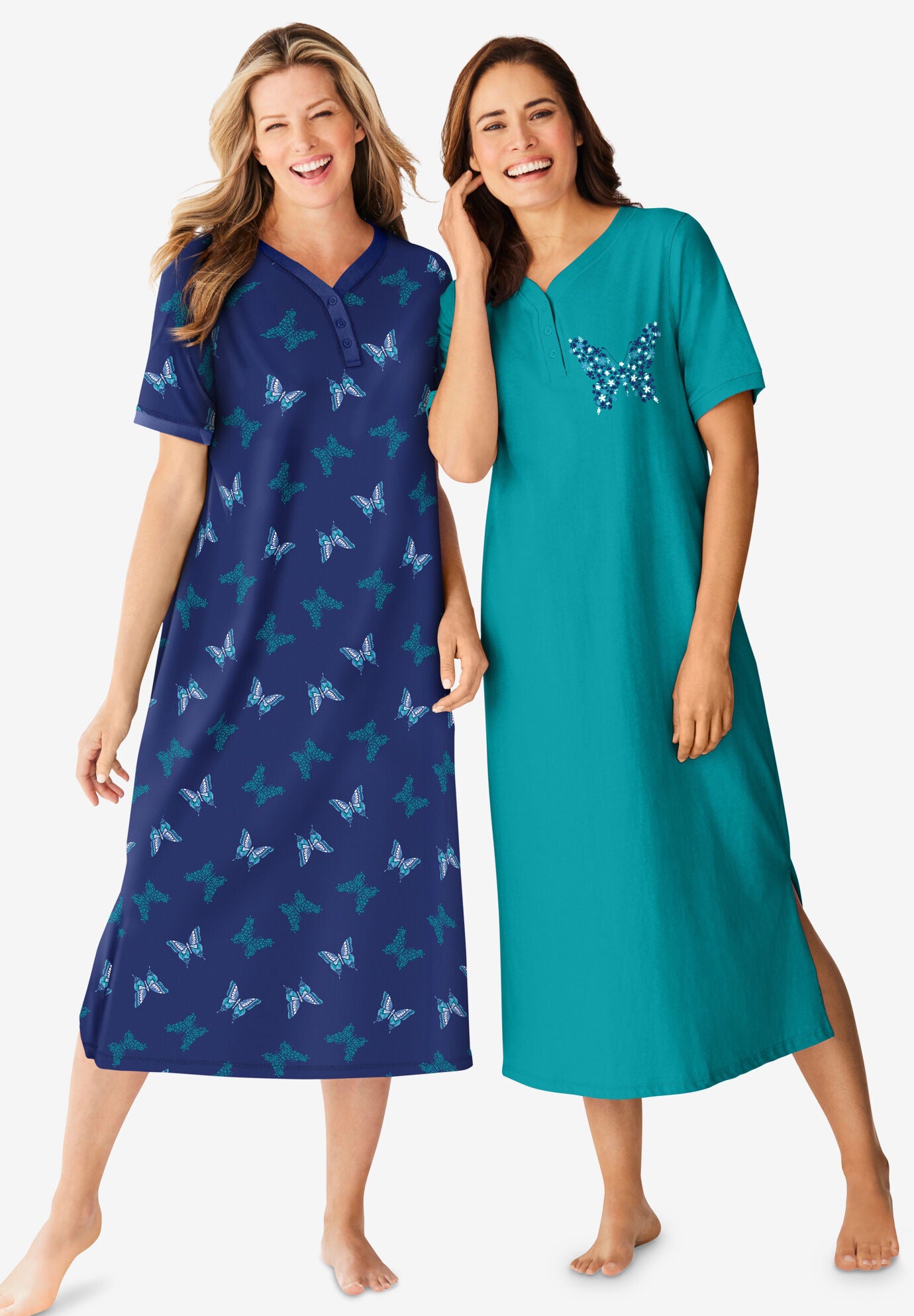 Plus Size Women's 2-Pack Long Henley Sleepshirt by Dreams & Co. in Evening Blue Butterfly (Size 34/36) Nightgown