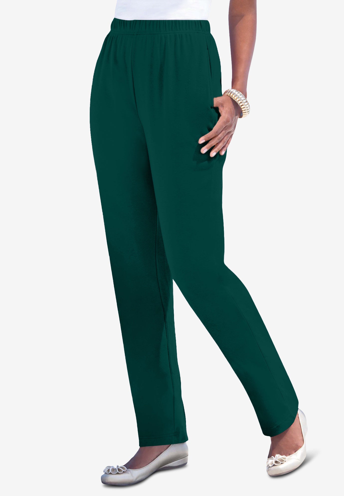 Plus Size Women's Plus Size Straight Leg Soft Knit Pull On Pant by Roaman's in Emerald Green (Size 1X) Pull On Elastic Waist