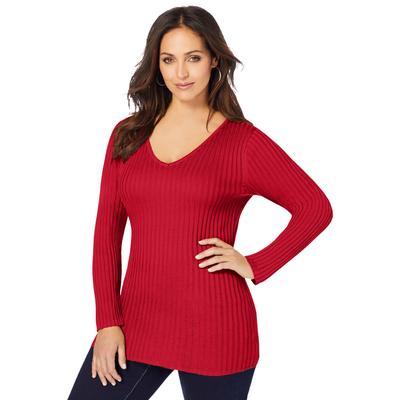 Plus Size Women's V-Neck Ribbed Sweater by Jessica London in Classic Red (Size 2X)