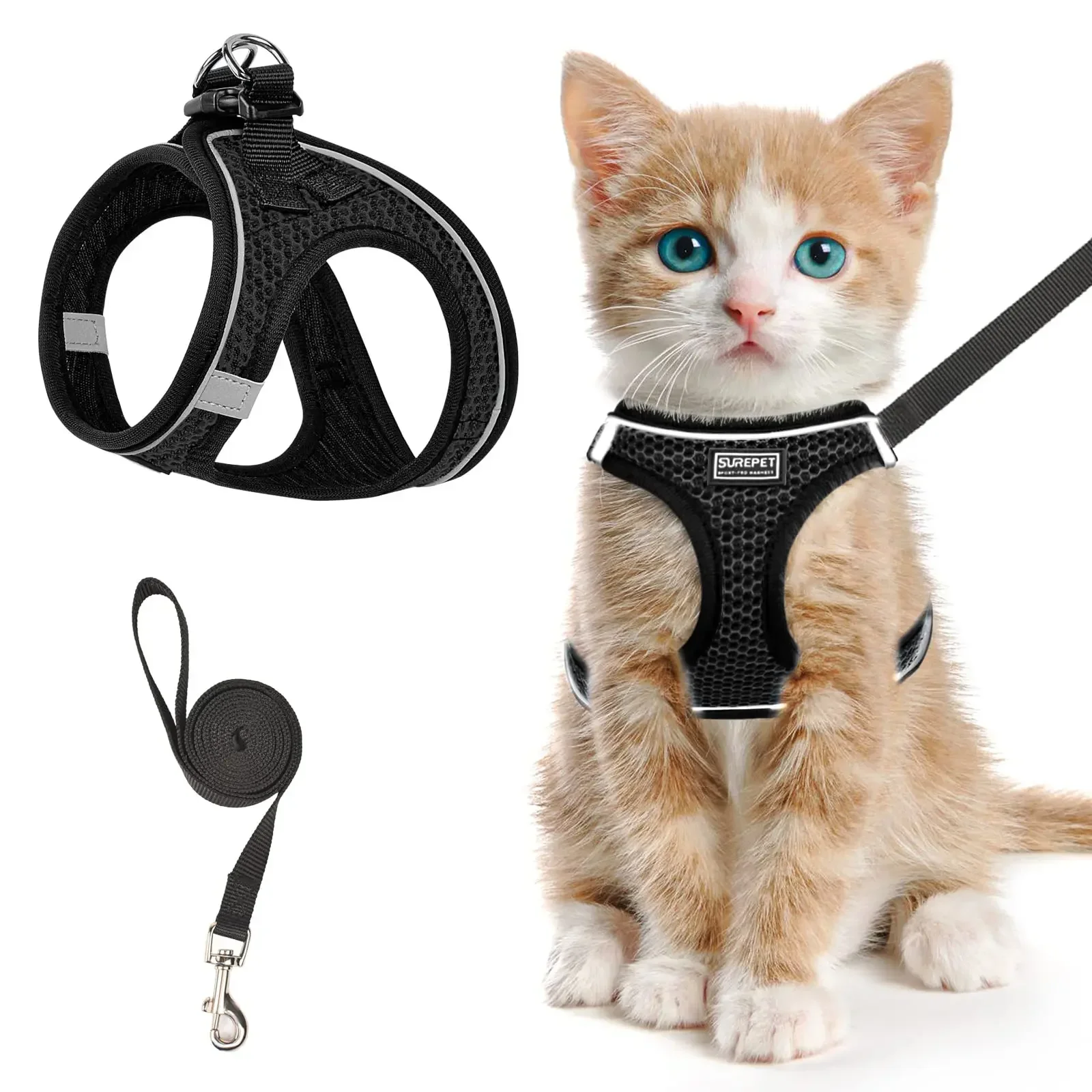 Imbracatura e guinzaglio per gatti per camminare, a prova di fuga, gilet per gattini regolabile, rete morbida riflettente, imbracatura per cuccioli per esterni
