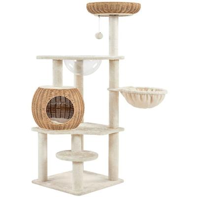 Kratzbaum, 137,5cm Rattan Katzenbaum für große Katze, Stabiler Kletterbaum mit Katzenhaus waschbare Image