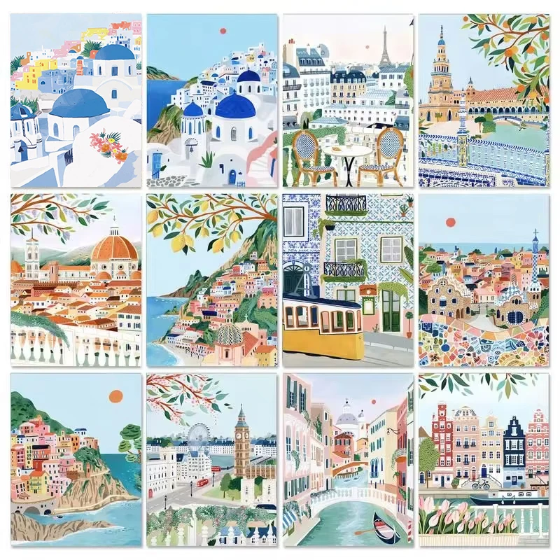 Gatyztory paysage urbain peinture par numéros pour adultes Kits de bricolage peinture acrylique abstraite bricolage toile peinture dessin coloriage par numéro