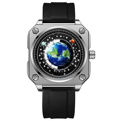 BINBOND 2024 New Model Man Watch Cool Creative Big Dial Moon Earth Wristwatch Blue Silicone Watchband Fashion Luxury Male Clock