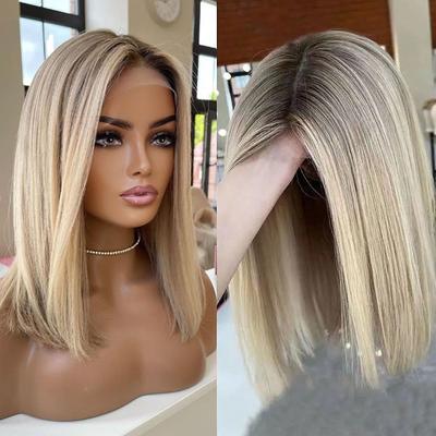 Remy Human Hair 13x4 Lace Front Wig Short Bob Middle Part Brazilian Hair Silky Straight Blonde Wig 130% 150% Density Color Gradient Glueless For Women Short Human Hair Lace Wig