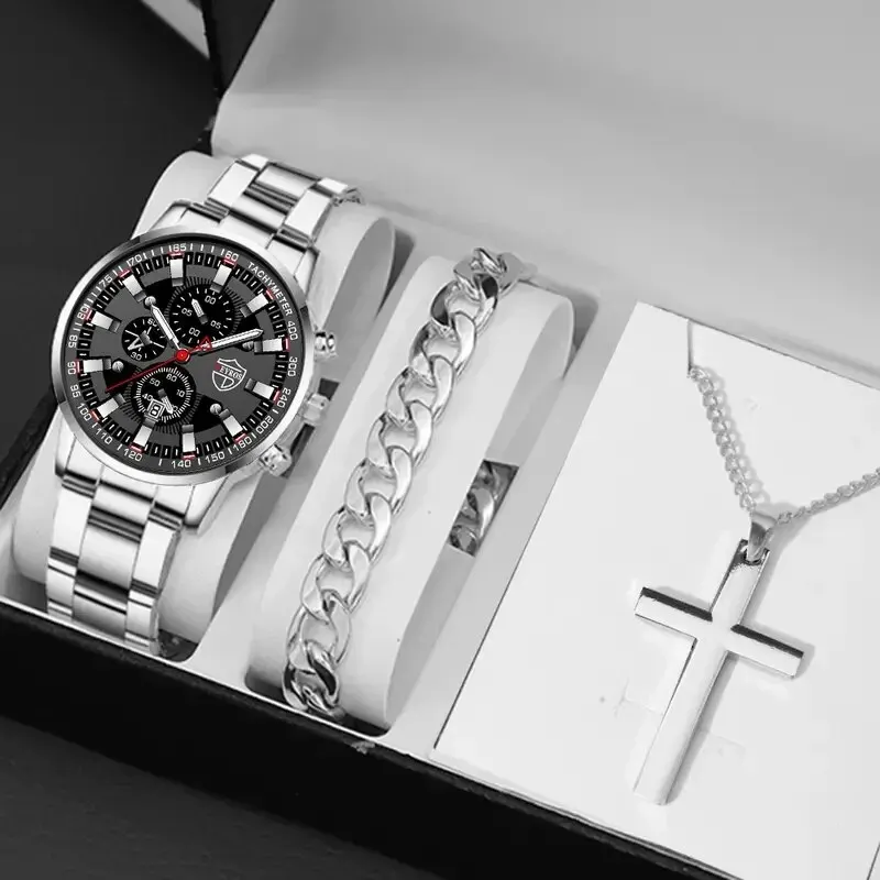 3PCS DEYROS Mode Herren Kalender Uhren Luxus Männlichen Edelstahl Quarz Armbanduhr Männer Armband Halskette Armbanduhr