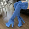 Ahhlsion Neuankömmling Frauen Winter Oberschenkel Stiefel klobige Absätze runde Zehen schöne hellblaue Party Club Schuhe Damen uns Größe 5-20