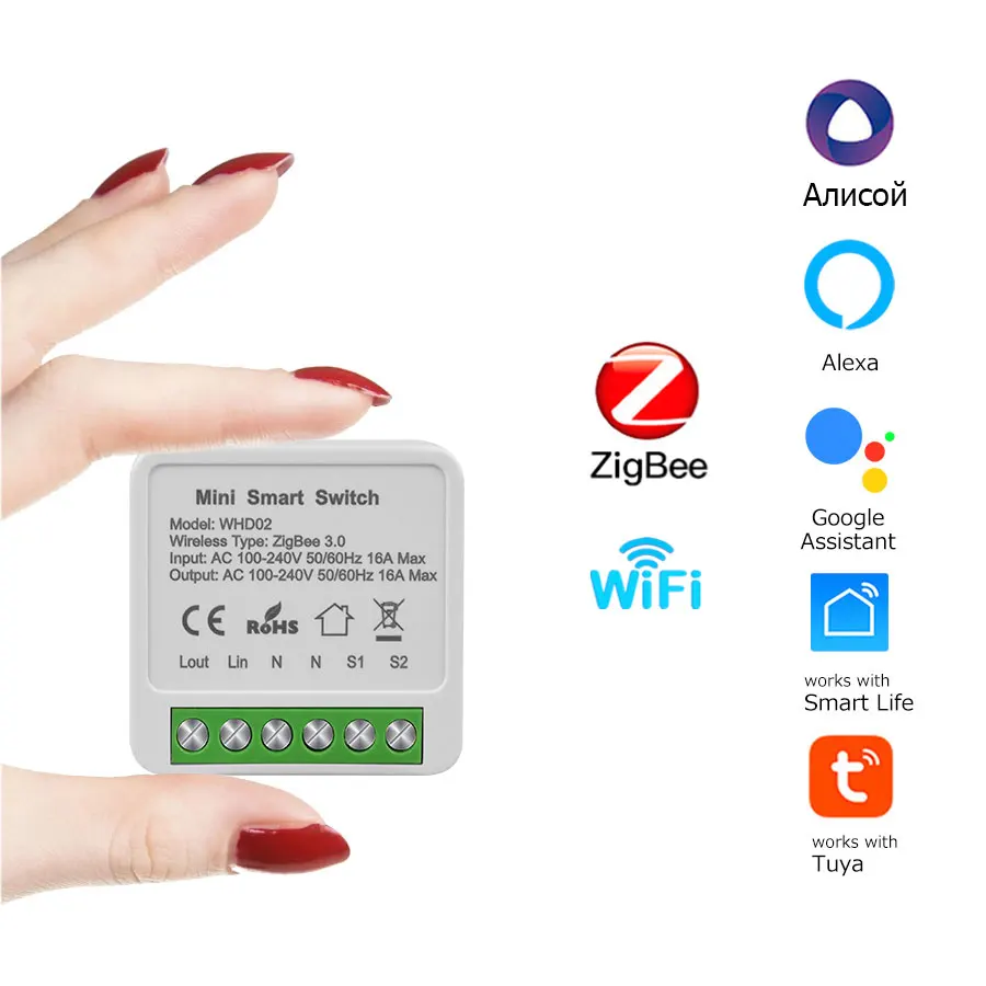 ZigBee WiFi Tuya Smart Switch 2-Wege-Steuerung 16A Mini-Leistungsrelais Smart Life APP-Steuerung Funktioniert mit Alexa Google Assistant Image
