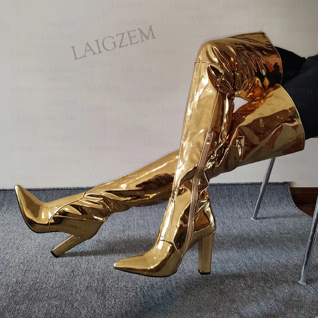 Zhima Frauen Oberschenkel hohe Stiefel spitze Zehen dicke High Heels Stiefel über Knie Metallic Farben Dame Schuhe Frau plus Größe 38 41 45 47