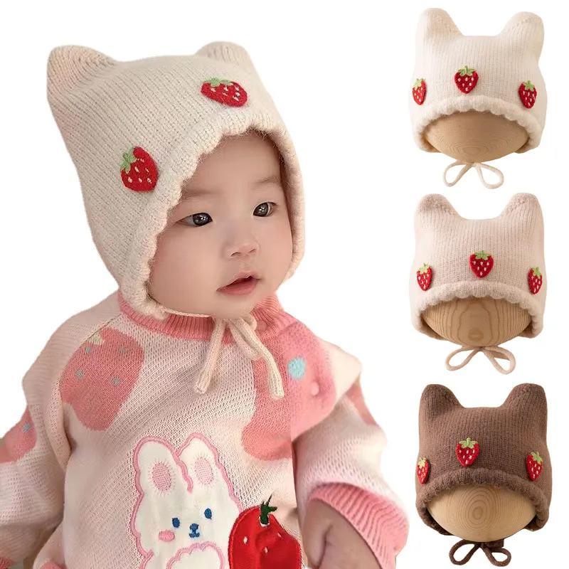 Herbst Winter Baby Mädchen Hut Nette Erdbeere Ohr Infant Mützen Kappe Kleinkind Mädchen Kappe Warme Säuglings Hüte für Mädchen Image