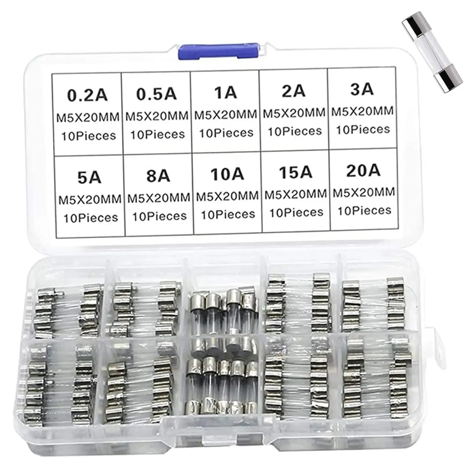 100-teiliges flinke Glasrohrsicherungs-Sortiment-Set, 5 x 20 mm, 250 V, 10 Werte, Sicherungen 0,5 A, 1 A, 2 A, 3 A, 5 A, 6 A, 8 A, 10 A, 15 A, 20 A Image