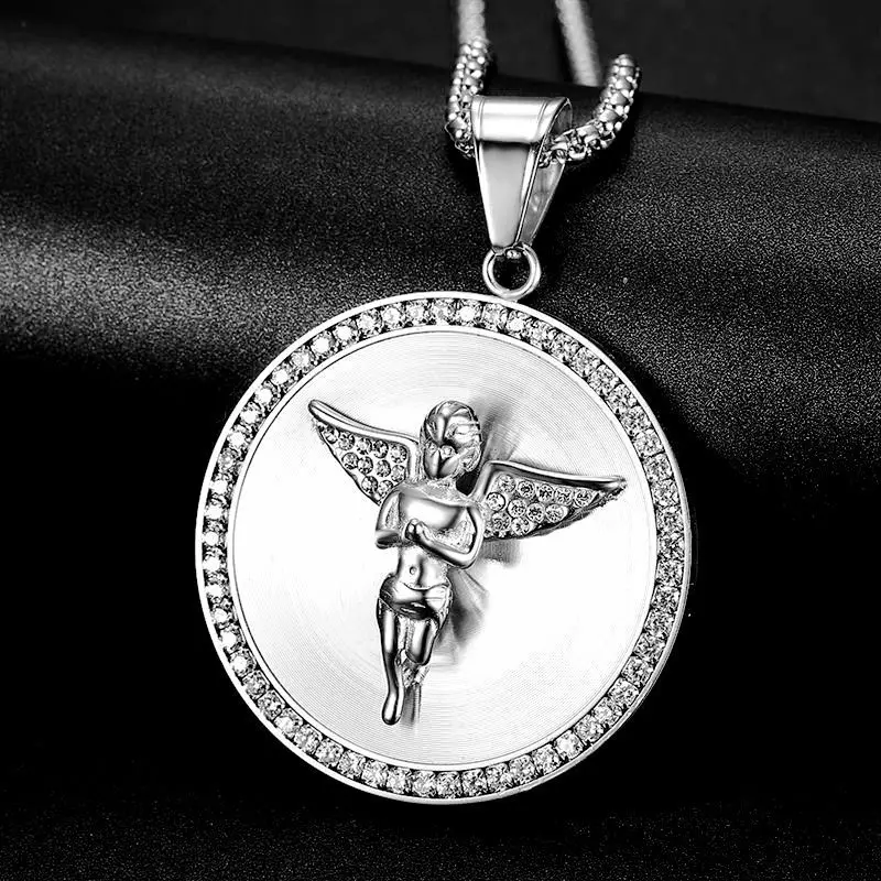 Hip Hop vereist großen Engel Anhänger männlich Gold Farbe Edelstahl runde Halskette für Männer Punk Modeschmuck Geburtstags geschenk