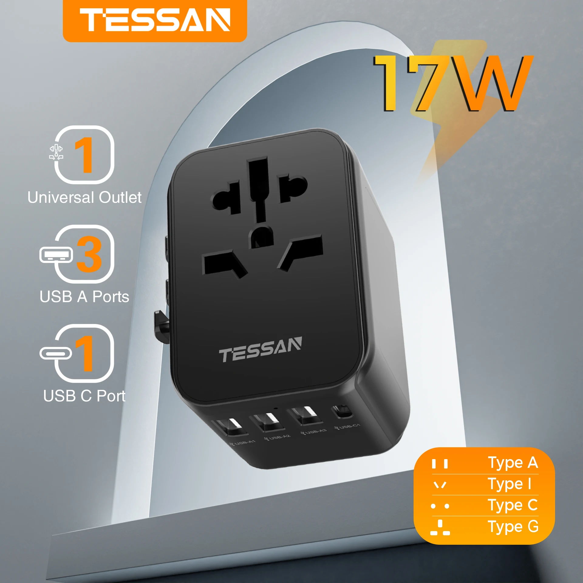 TESSAN Reiseadapter Internationaler Universal-Netzteil mit 1 Typ C und 3 USB-Anschlüssen Weltweites Wandladegerät für Großbritannien/EU/AU/US Image