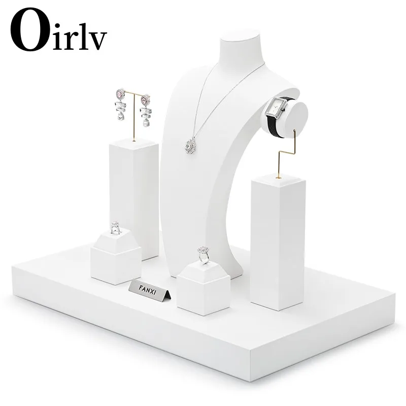 Oirlv weiß pu Leder Schmuck Fenster Display Set Requisiten mit Metall Schmuck Display Rack für Halskette Ohrringe Armreif Ring neu Image